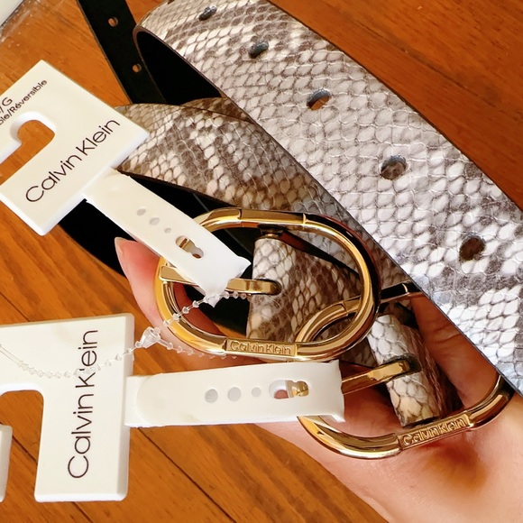 NWT Womens Calvin Klein Reversible Snake Python Reptile Print Belt Black Gray - Picture 4 of 4